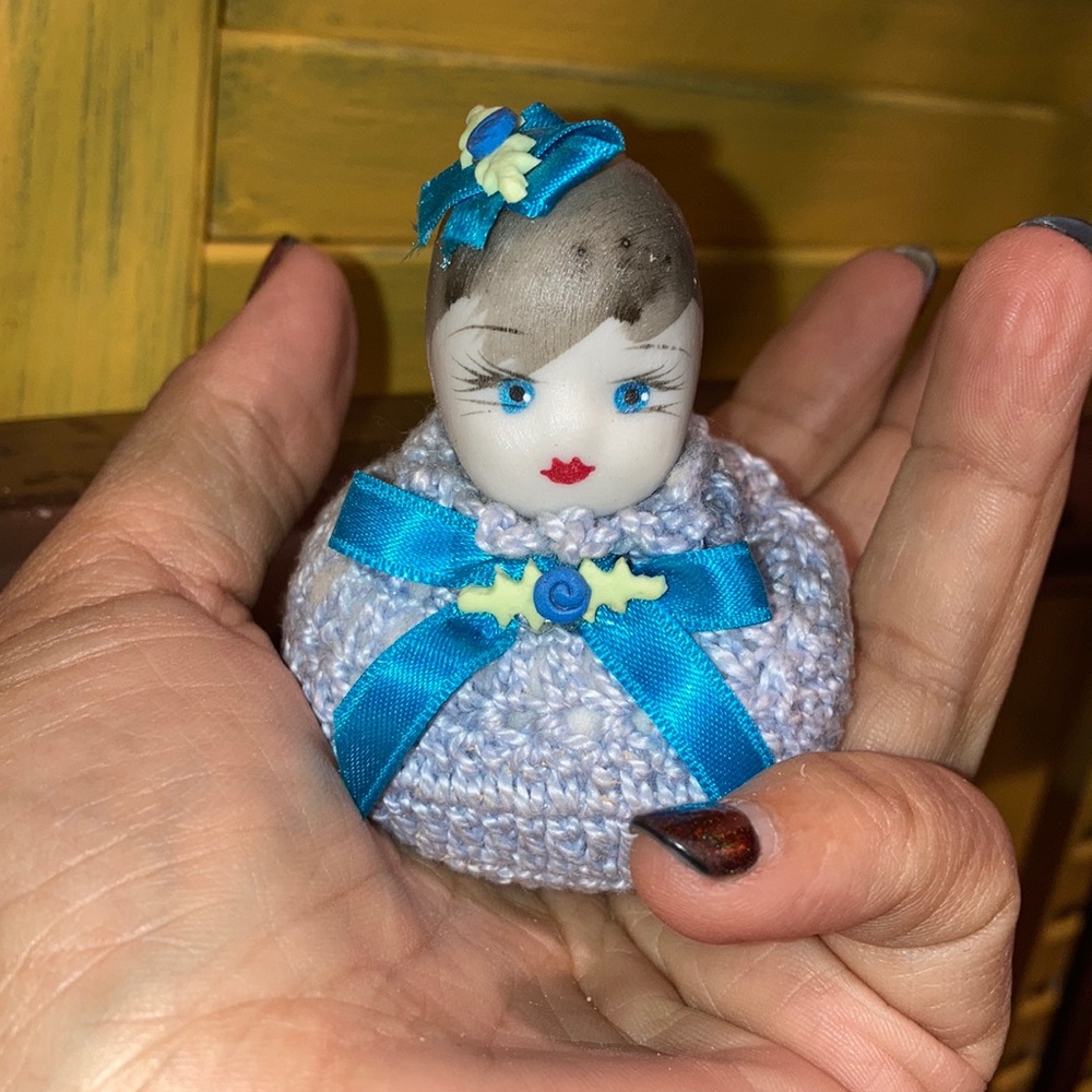 Vintage Miniature Crocheted Doll Head Pin Cushion 2.5"